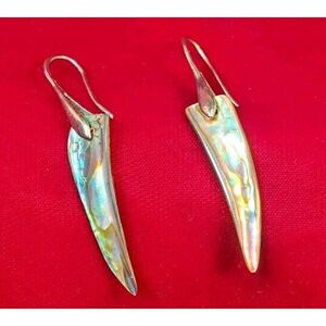Abalone Shell Tusk Drop Earrings Iridescent Mother of Pearl Silver Tone Hooks